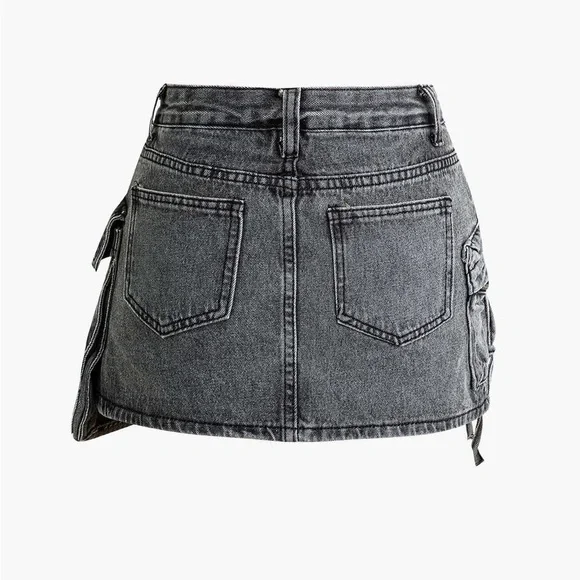 Black Graffiti Denim Mini Skirt with Cargo Pockets - Picture 2 of 4